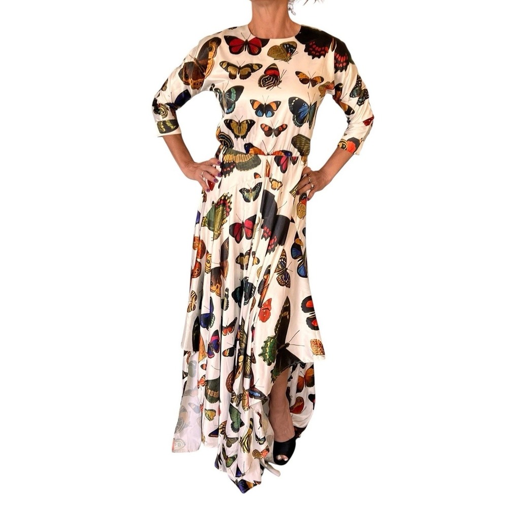SARA NAVON  WHITE SATIN BUTTERFLY DRESS ASYMMETRIC 3/4 SLEEVE MAXI XS NWT